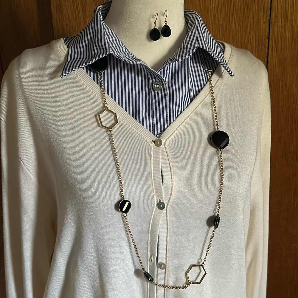 Long Gold & Black Statement Necklace & Earrings Set